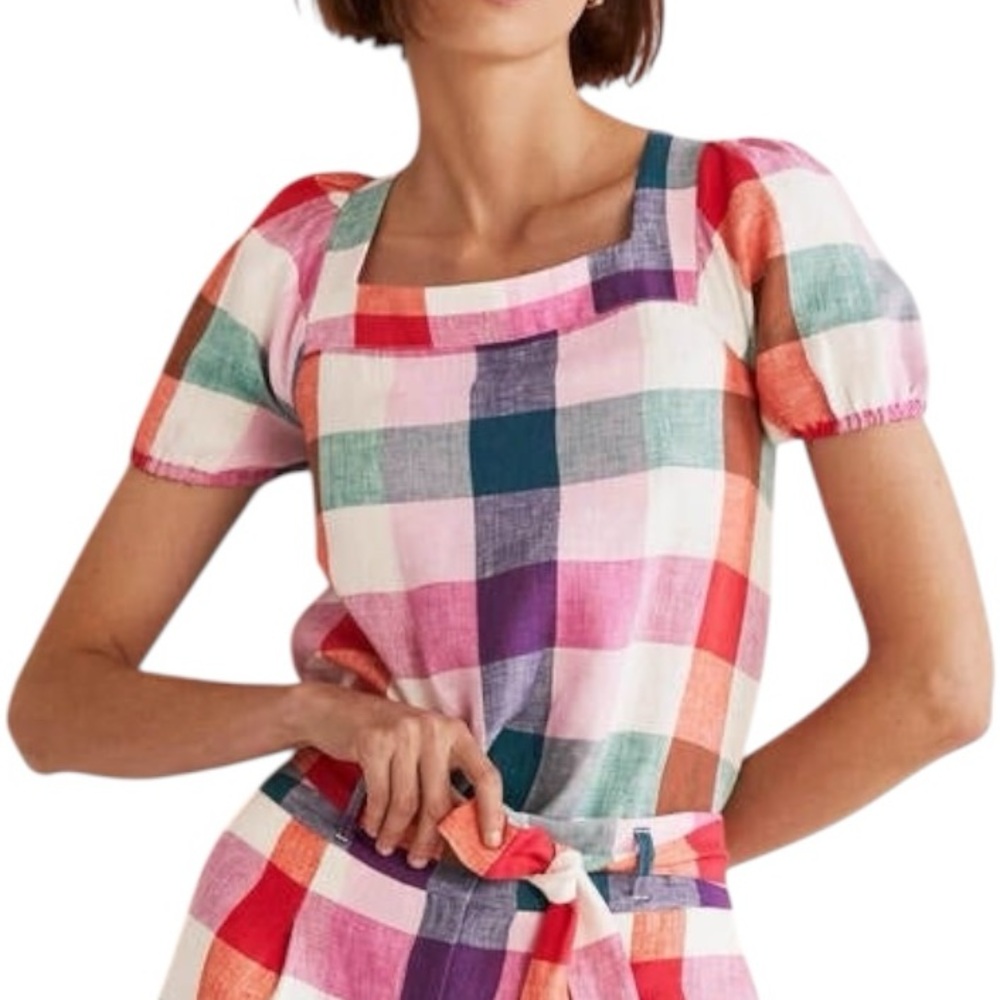 Boden Gingham Check Print Linen Square Neck Short Puff Sleeve Top - 2